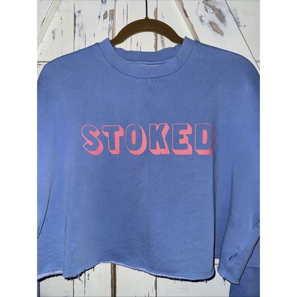 Billabong Women Hey Gday Cropped Crewneck Sweatshirt Small “stoked” Blue Pink - Picture 3 of 9